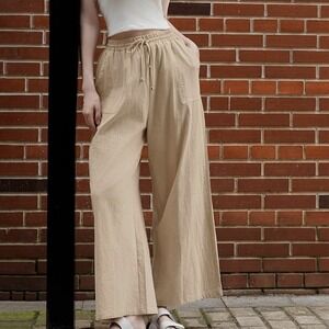 Beige Wide Leg Pants Palazzo Medium Brown Lagenlook  Boho Hippie Elastic Casual